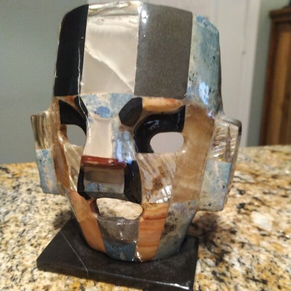 Mayan Death Mask Mother Pearl Onyx Abalone Burial Mosaic Sculpture Folk Art - Picture 1 of 11